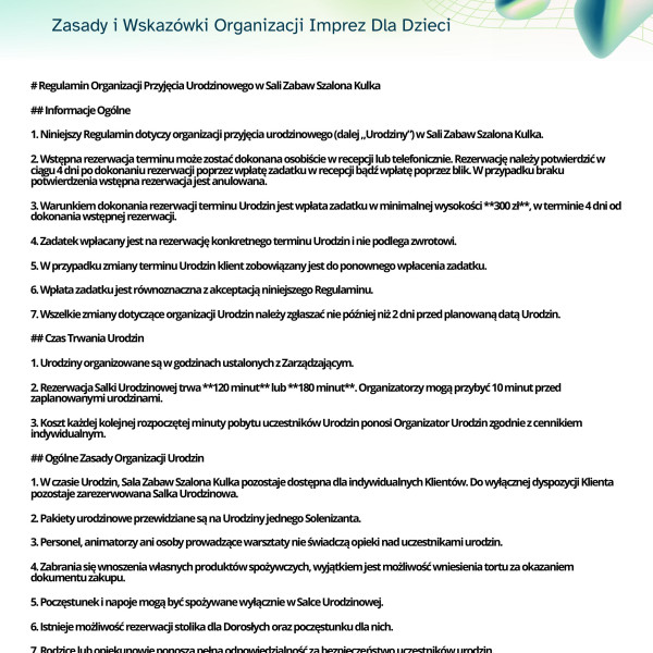 Regulamin Organizacji Urodzin w Sali Zabaw